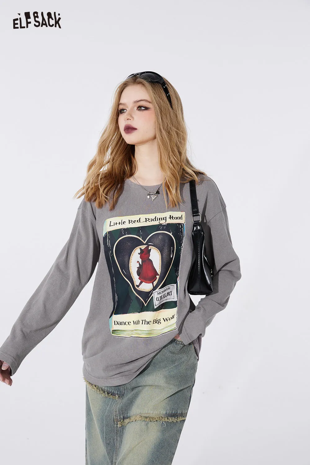 ELFSACK street style crew neck loose printing long sleeve for women 2024 spring new mid long length sweet and playful t-shirt top