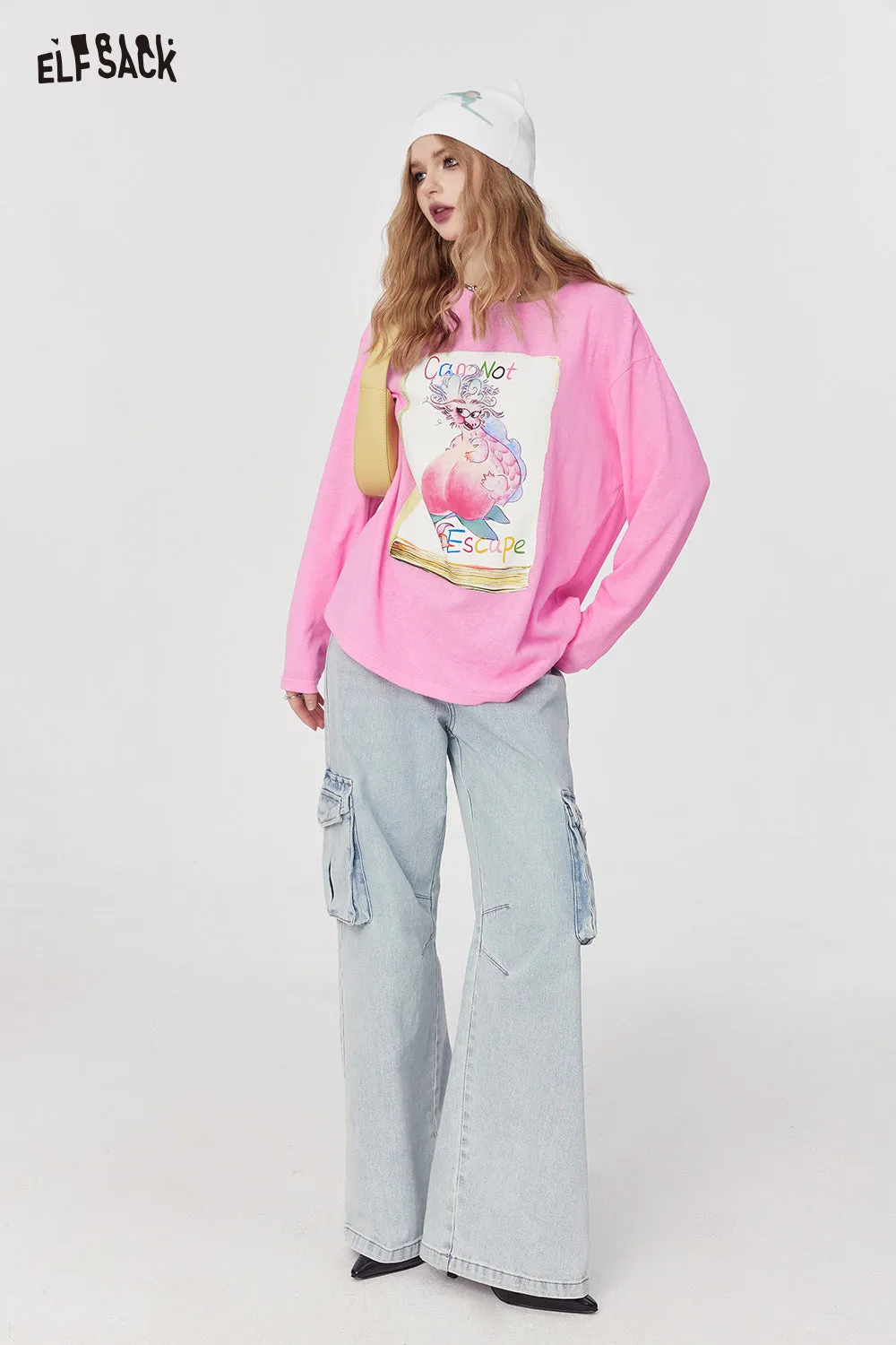 ELFSACK street style crew neck loose printing long sleeve for women 2024 spring new mid long length sweet and playful t-shirt top