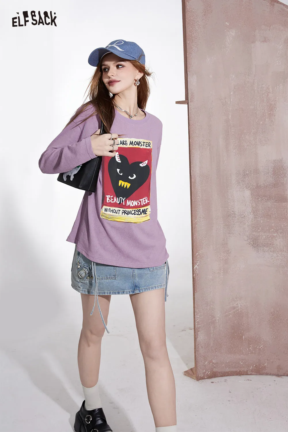 ELFSACK street style crew neck loose printing long sleeve for women 2024 spring new mid long length sweet and playful t-shirt top