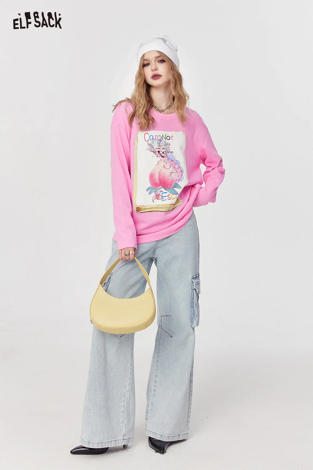 ELFSACK street style crew neck loose printing long sleeve for women 2024 spring new mid long length sweet and playful t-shirt top