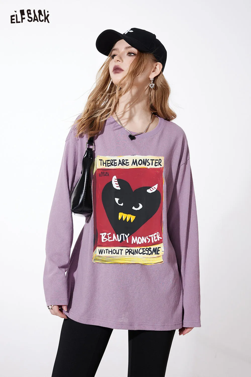 ELFSACK street style crew neck loose printing long sleeve for women 2024 spring new mid long length sweet and playful t-shirt top