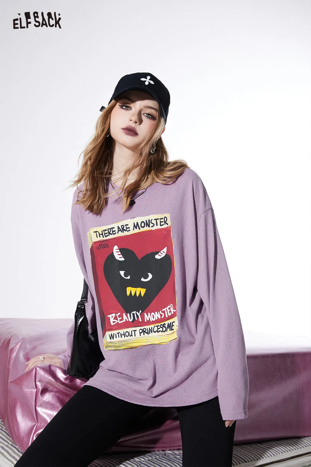 ELFSACK street style crew neck loose printing long sleeve for women 2024 spring new mid long length sweet and playful t-shirt top