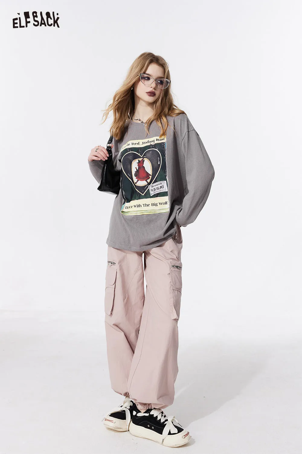 ELFSACK street style crew neck loose printing long sleeve for women 2024 spring new mid long length sweet and playful t-shirt top