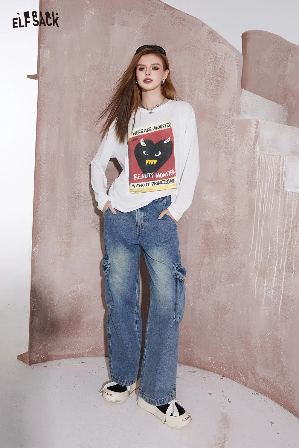 ELFSACK street style crew neck loose printing long sleeve for women 2024 spring new mid long length sweet and playful t-shirt top