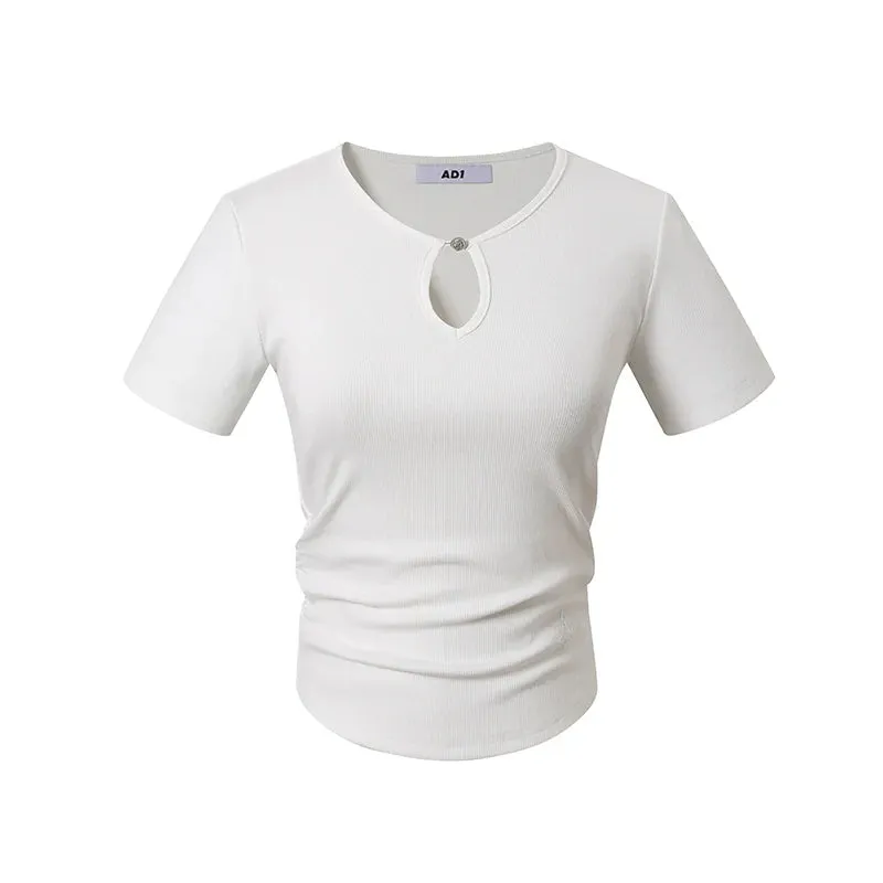 Keyhole Neckline Fitted Tee: Short Sleeve Stretch Top with Button Detail