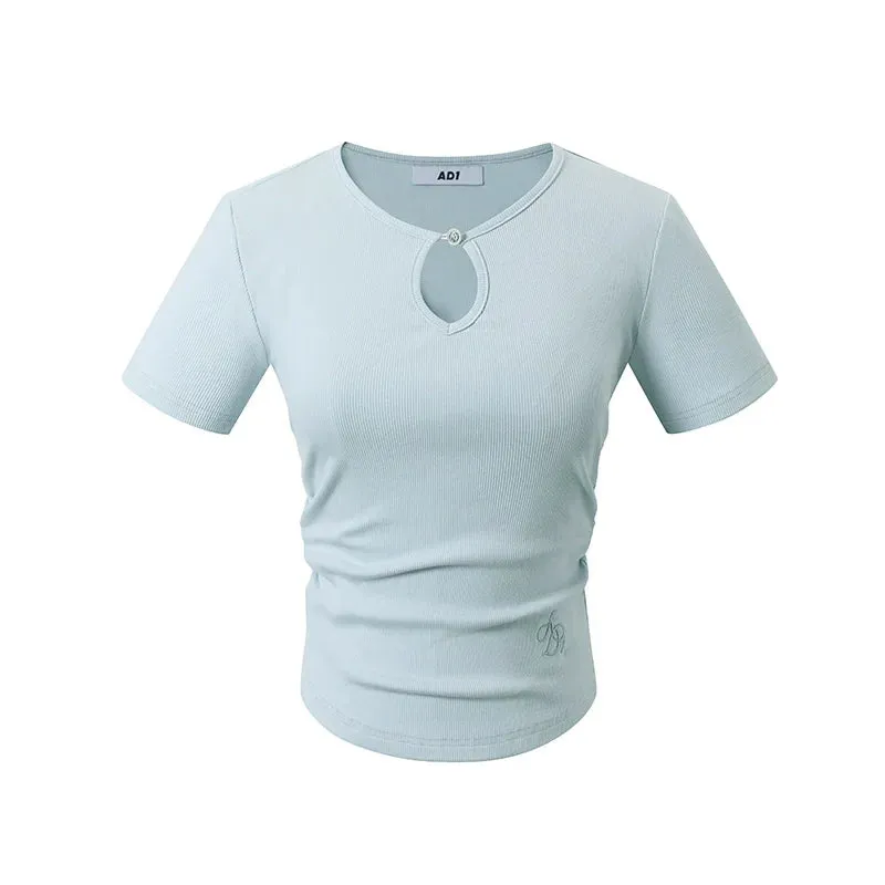 Keyhole Neckline Fitted Tee: Short Sleeve Stretch Top with Button Detail
