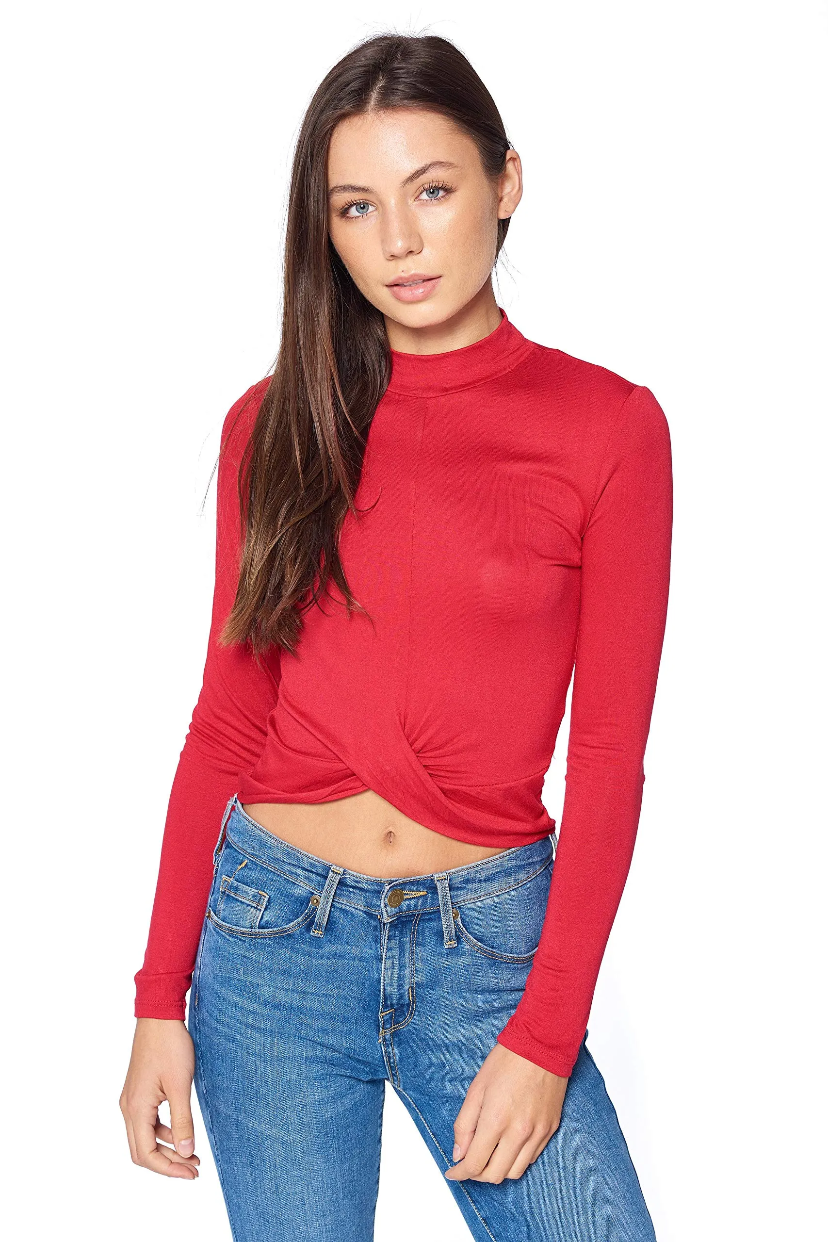 Khanomak Women's Long Sleeve Mock Neck Twist Front Crop Top