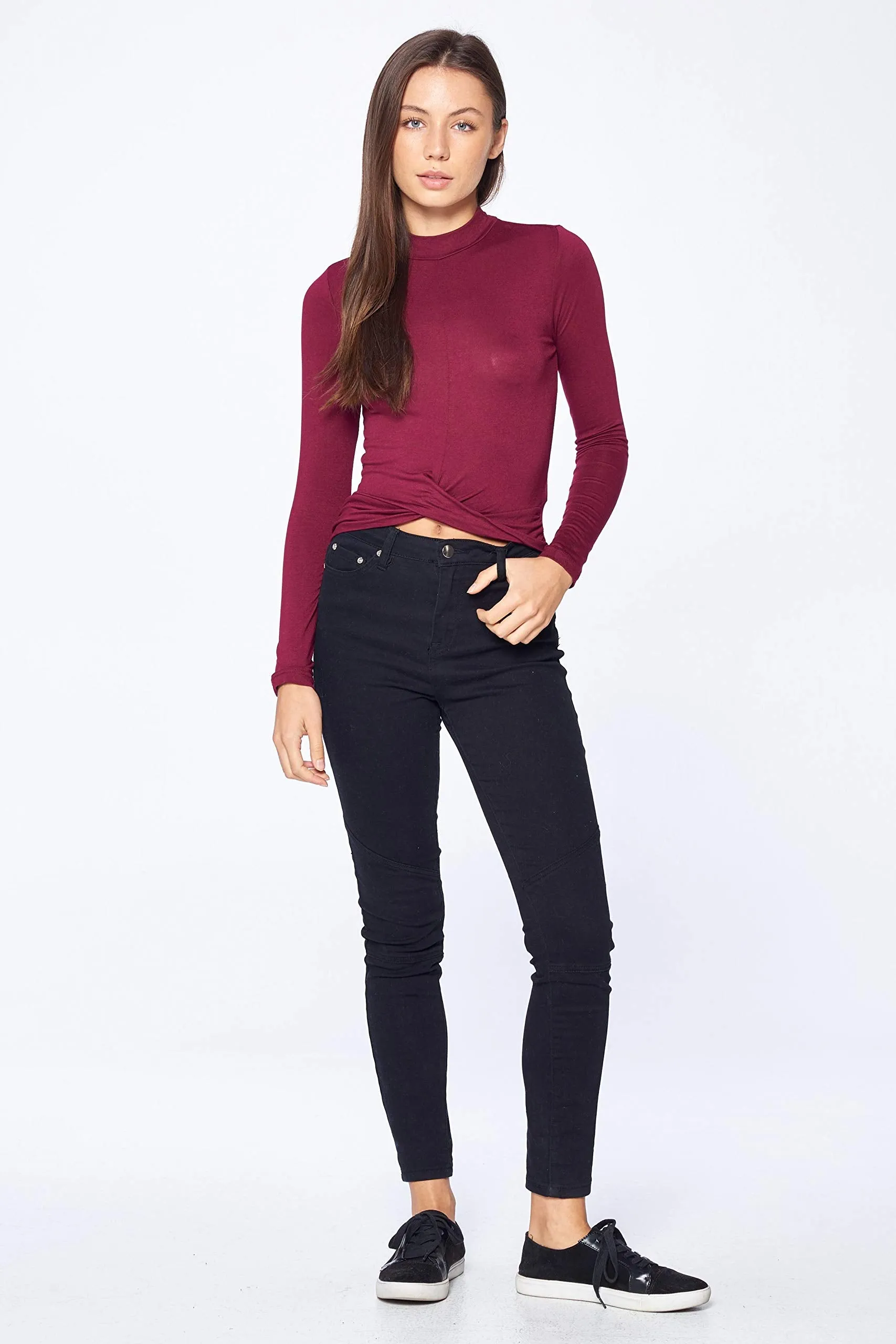 Khanomak Women's Long Sleeve Mock Neck Twist Front Crop Top