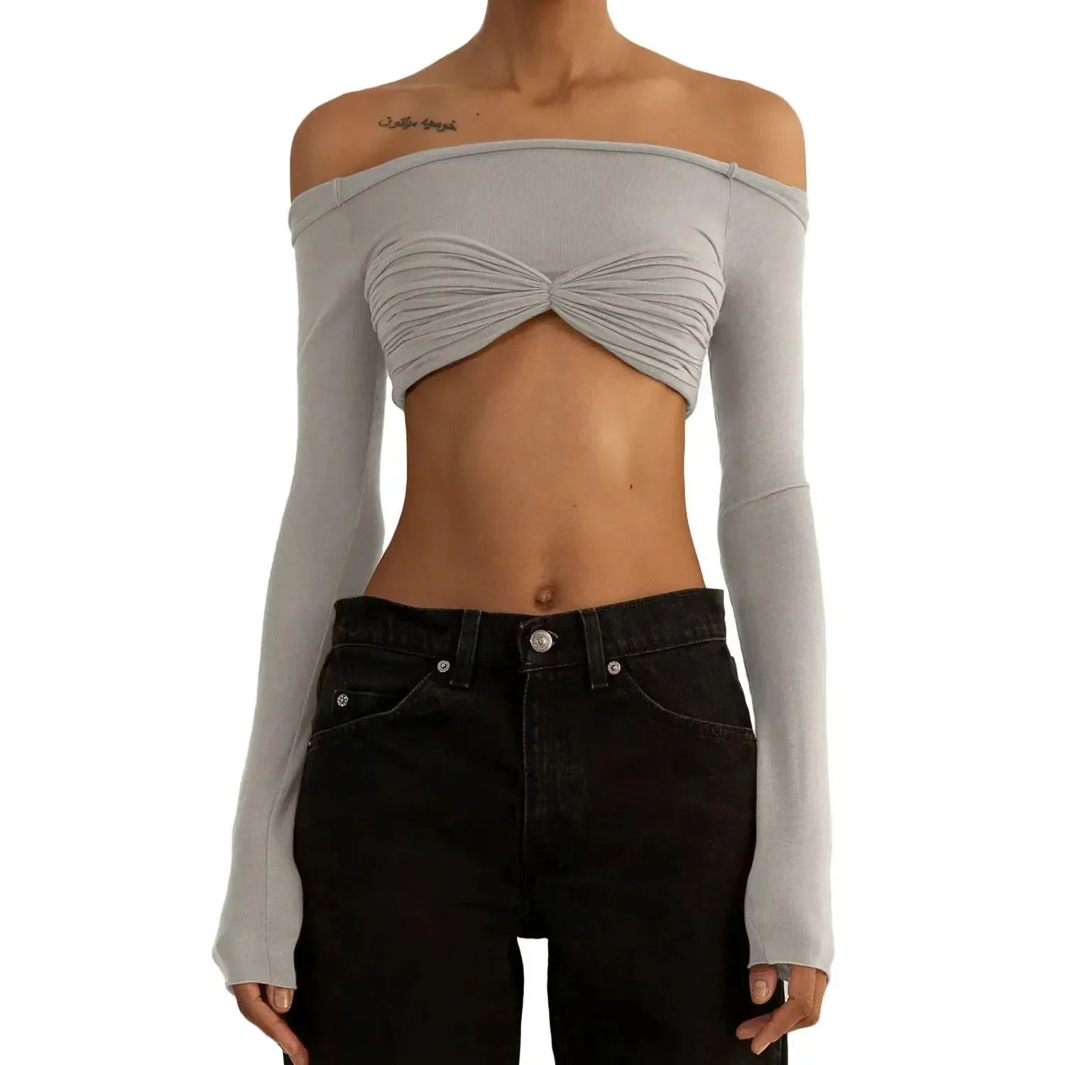 Lace Summer Shoulder Knit White Sleeve Long Sheer Twist Off T-shirt