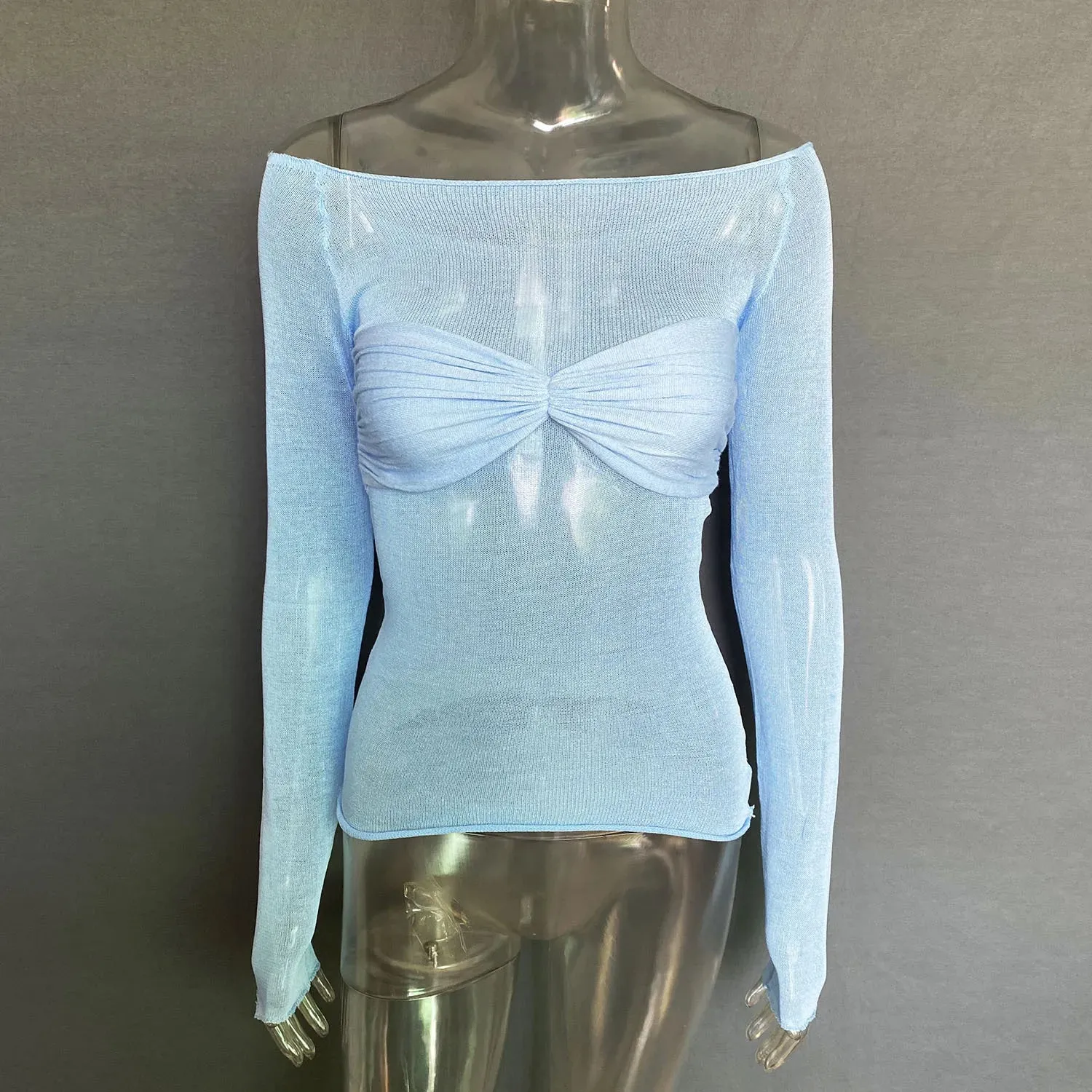 Lace Summer Shoulder Knit White Sleeve Long Sheer Twist Off T-shirt