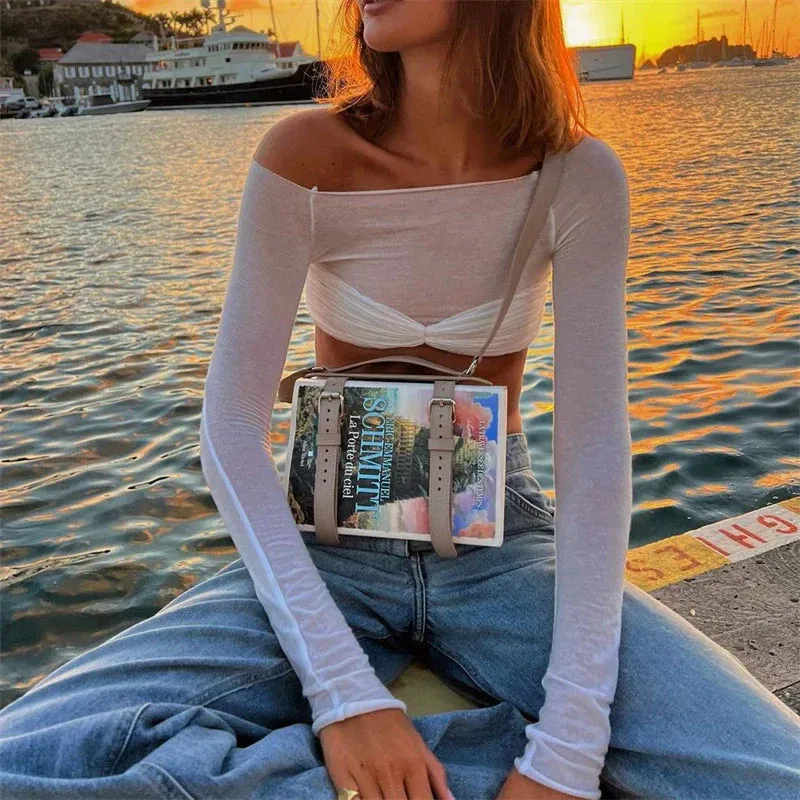 Lace Summer Shoulder Knit White Sleeve Long Sheer Twist Off T-shirt