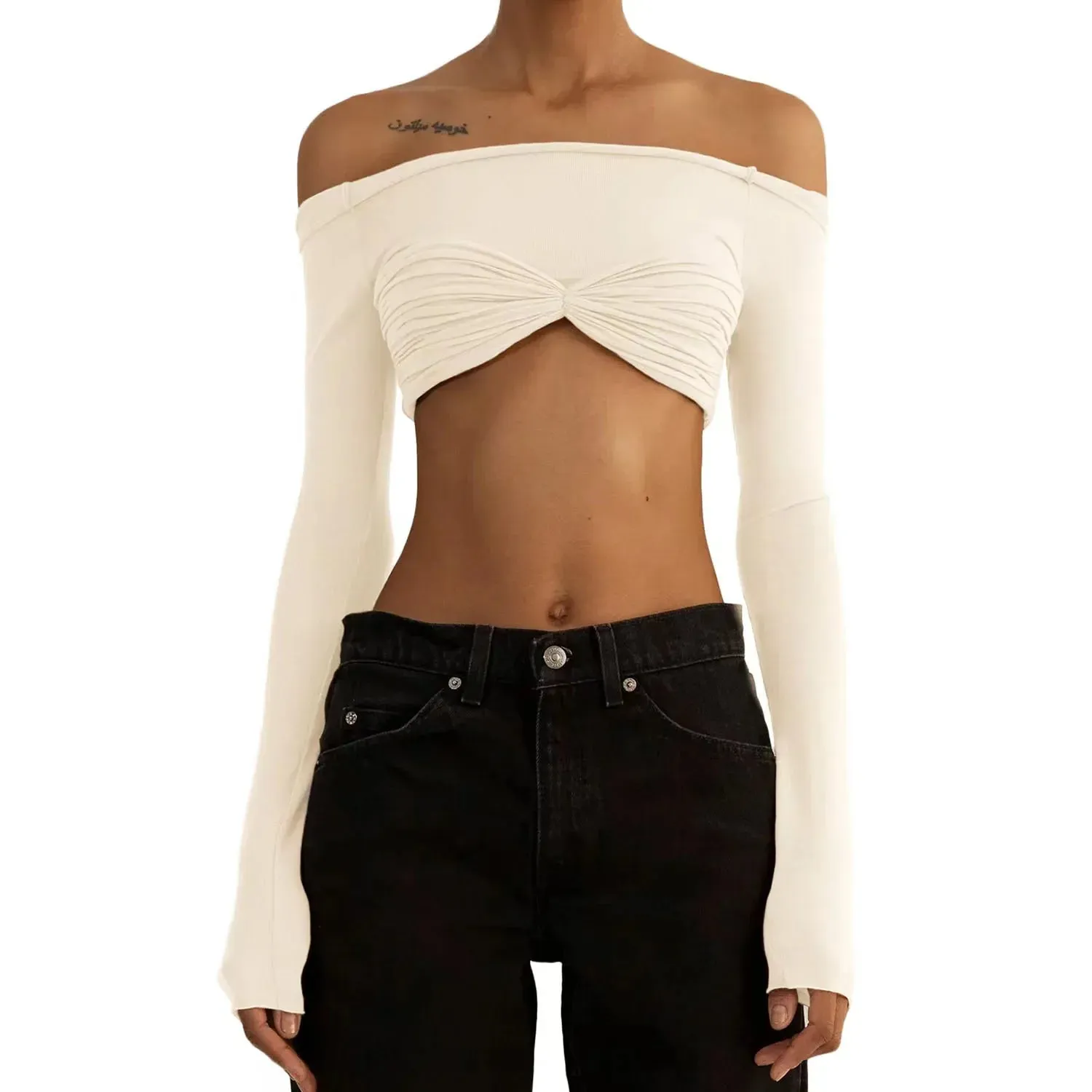 Lace Summer Shoulder Knit White Sleeve Long Sheer Twist Off T-shirt