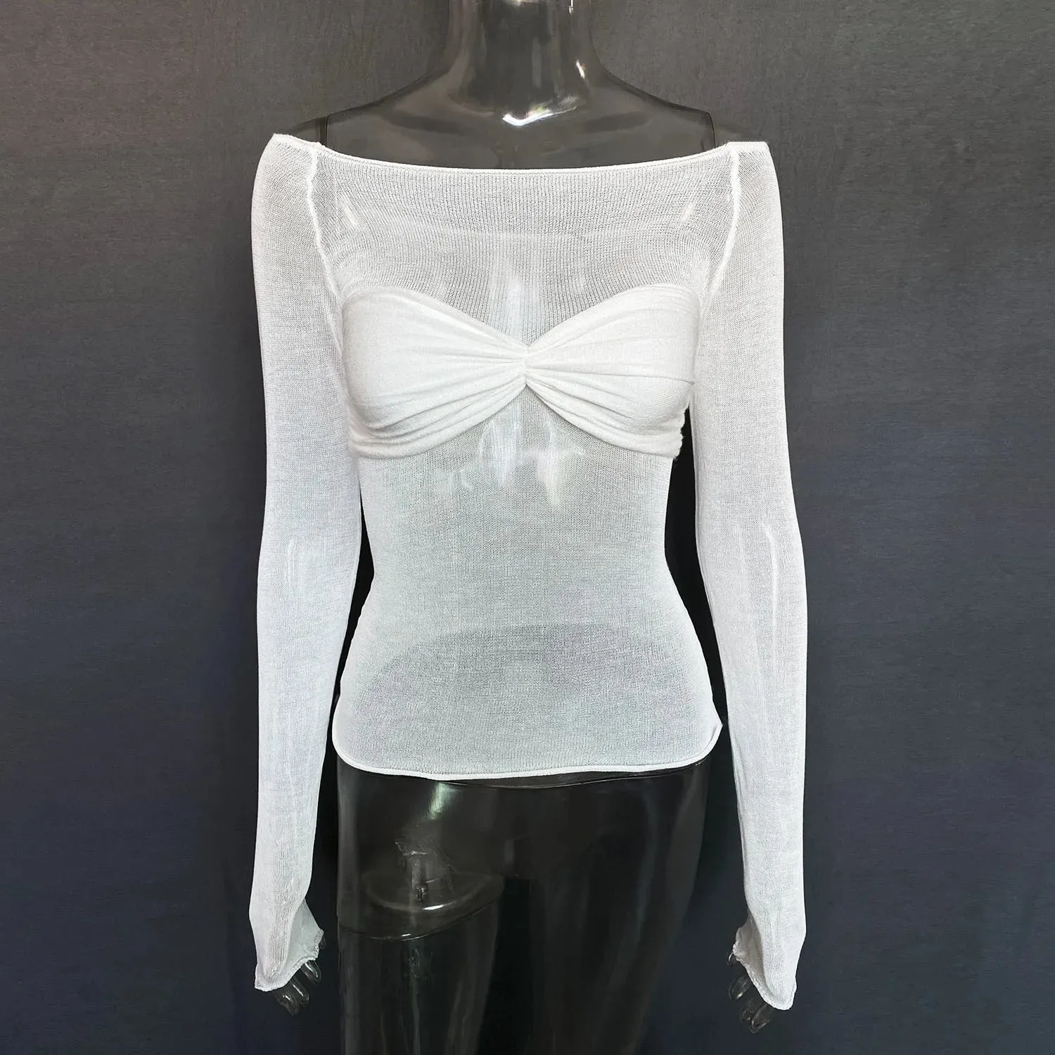 Lace Summer Shoulder Knit White Sleeve Long Sheer Twist Off T-shirt