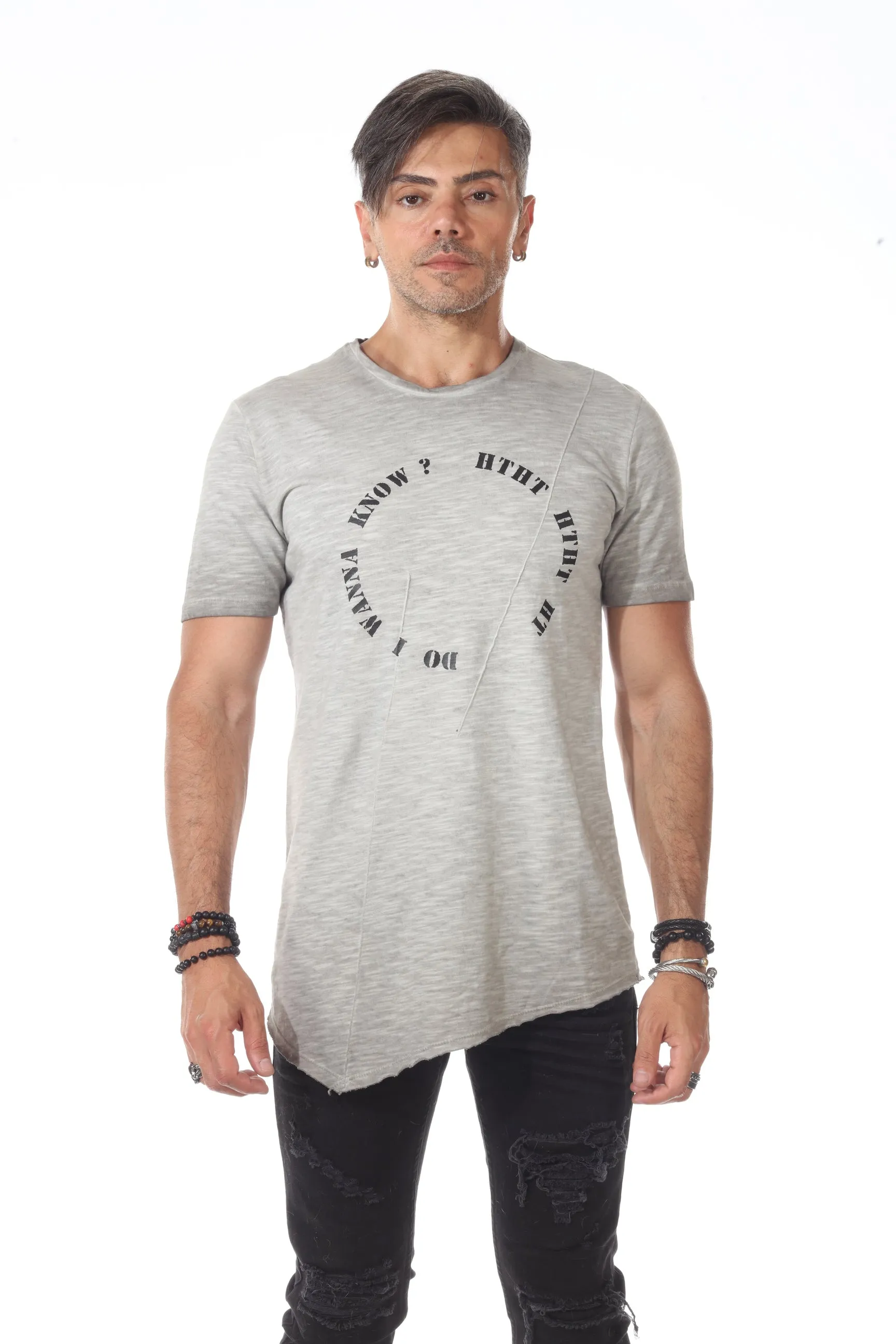Light Heather Grey Extended Fashion Tshirt With Diagonal piping and diagonal Cut On Bottom and Back