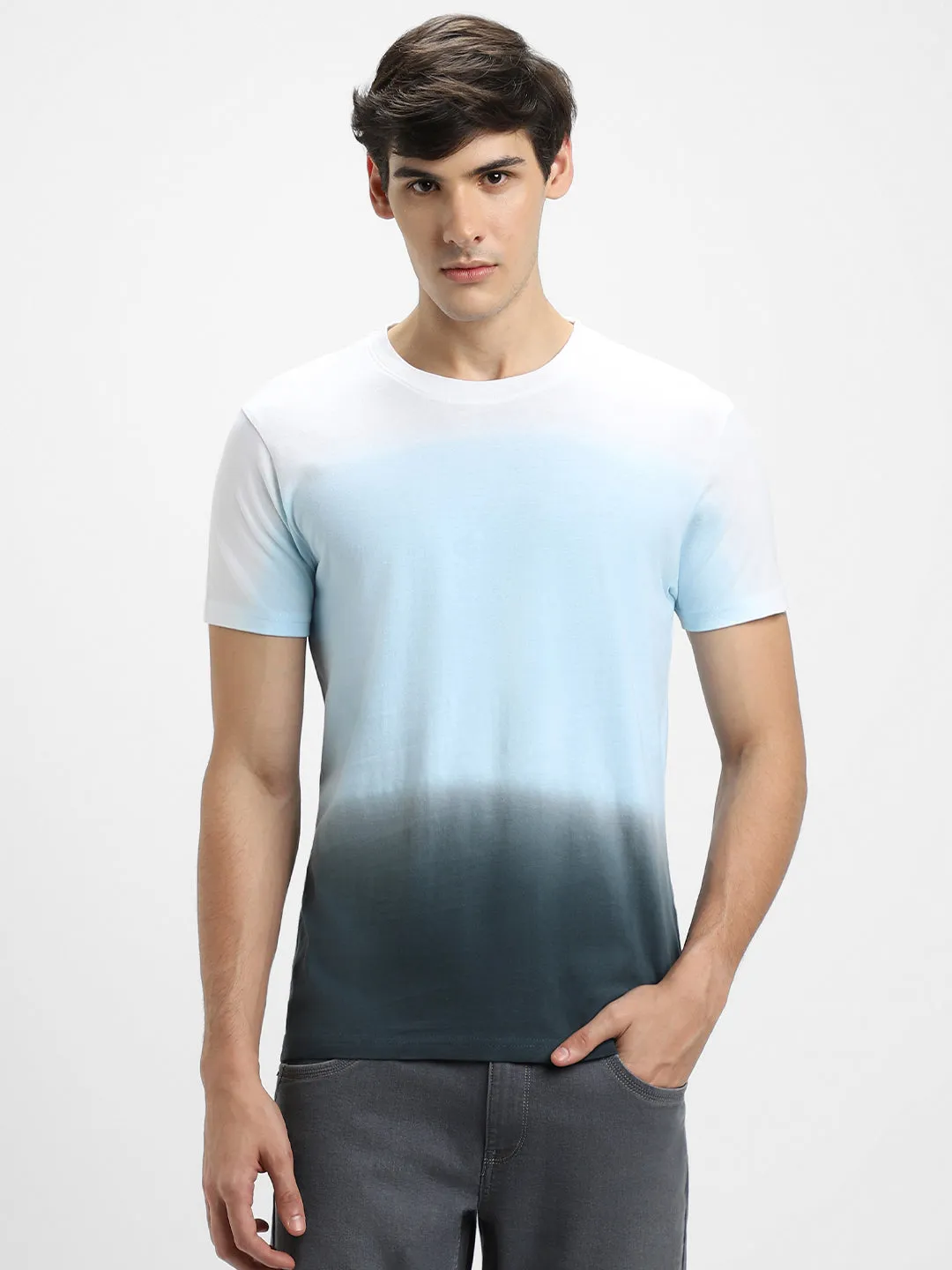 Men's Blue Ombre Half-Sleeves Casual T-Shirt