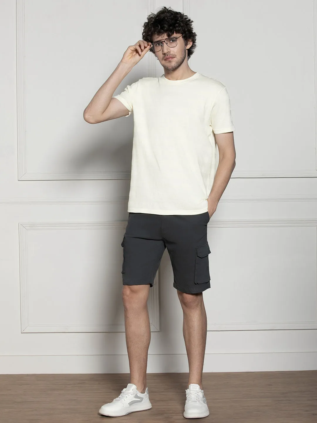 Men's Off-white Round neck Textured Casual T-shirt