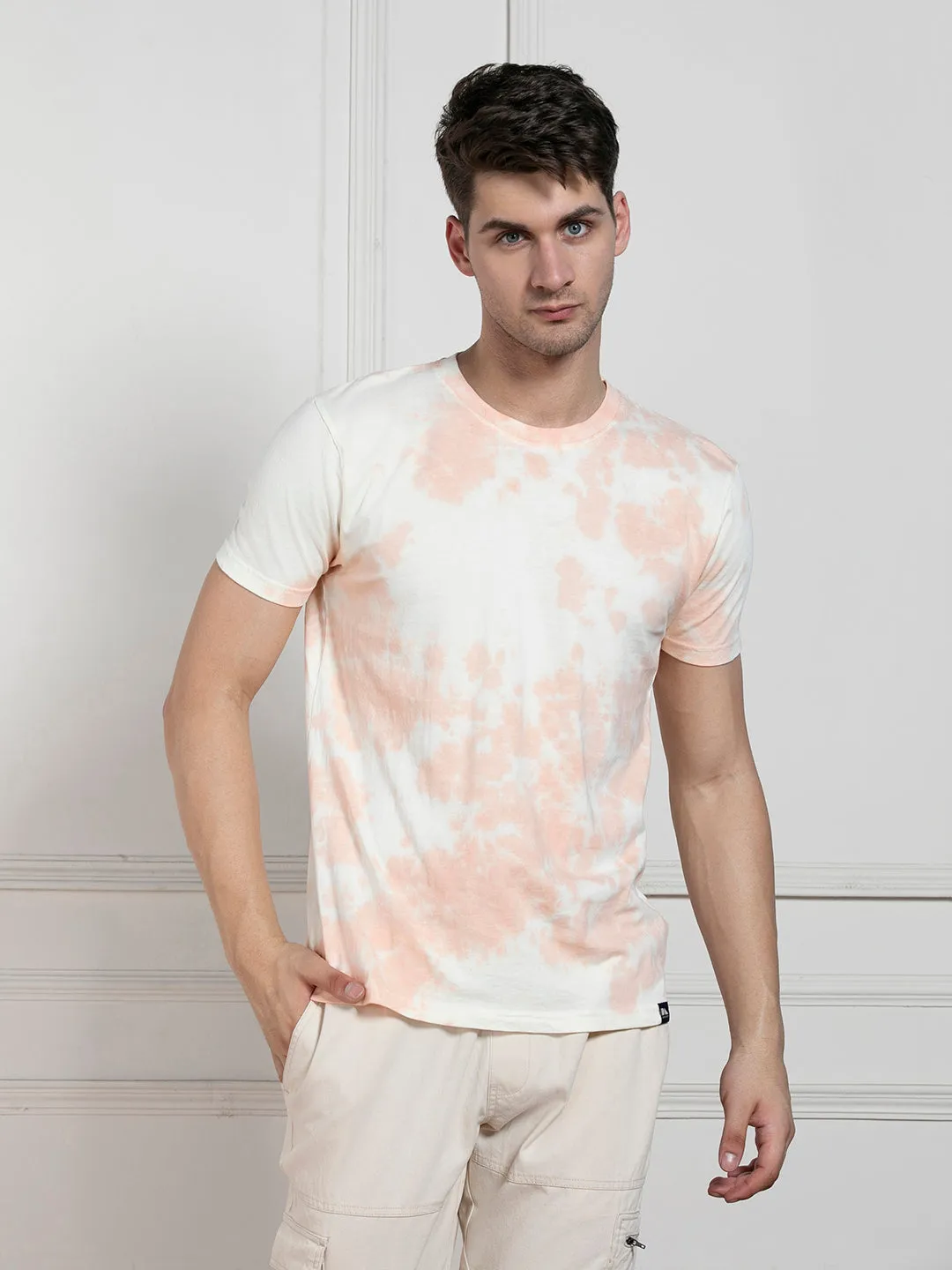 Men's Peach Round Neck Dyed Regular Fit T-Shirt