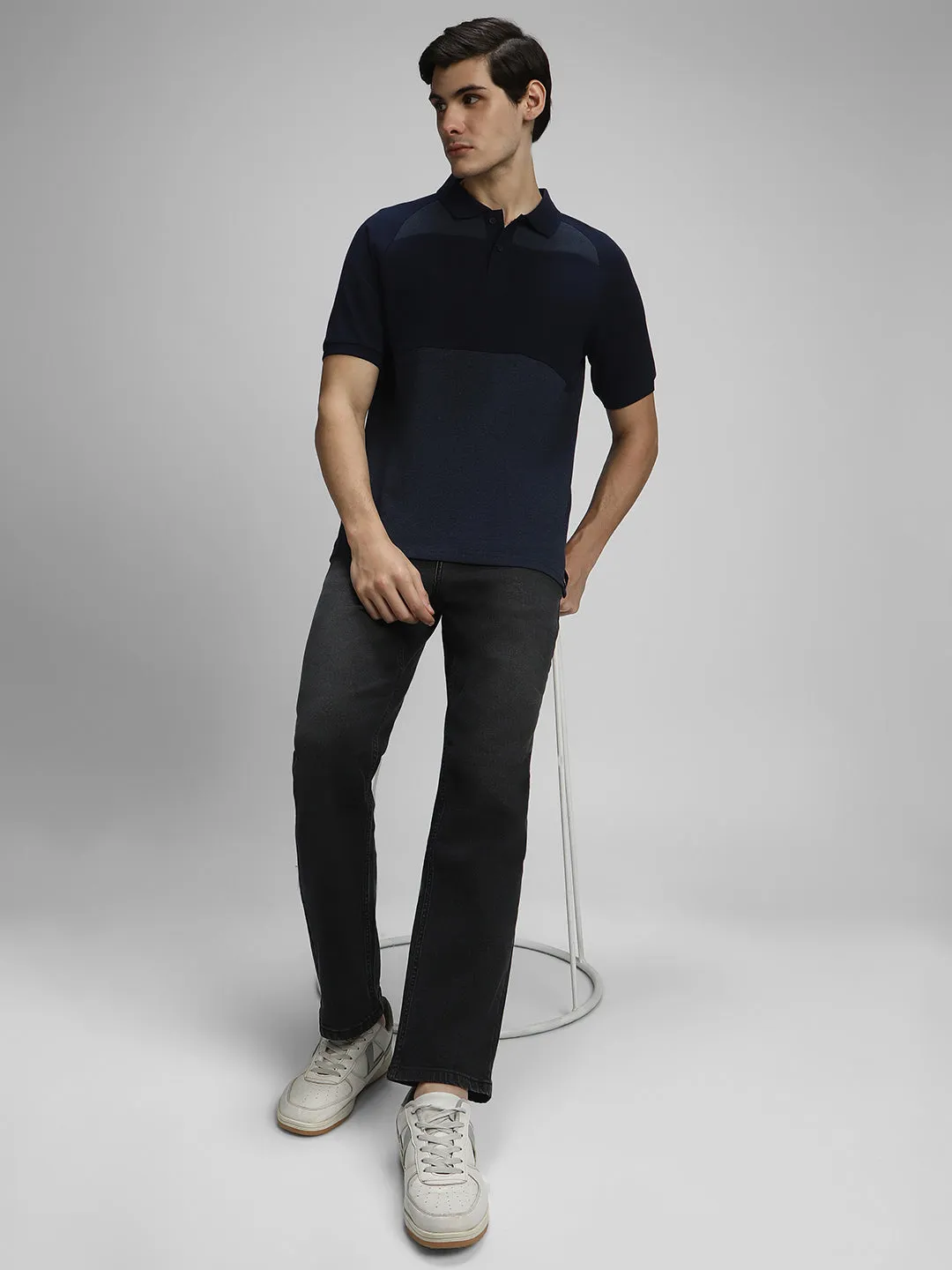 Men's Spread Collar Regular Fit Colorblock Navy T-shirt
