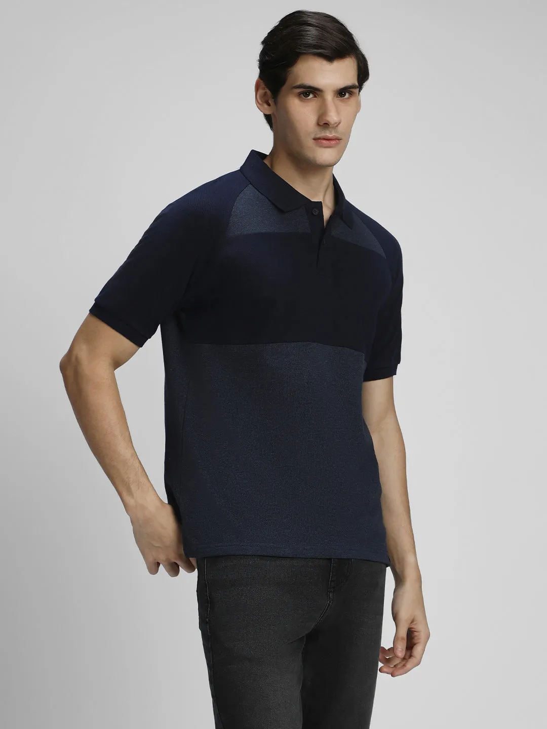 Men's Spread Collar Regular Fit Colorblock Navy T-shirt
