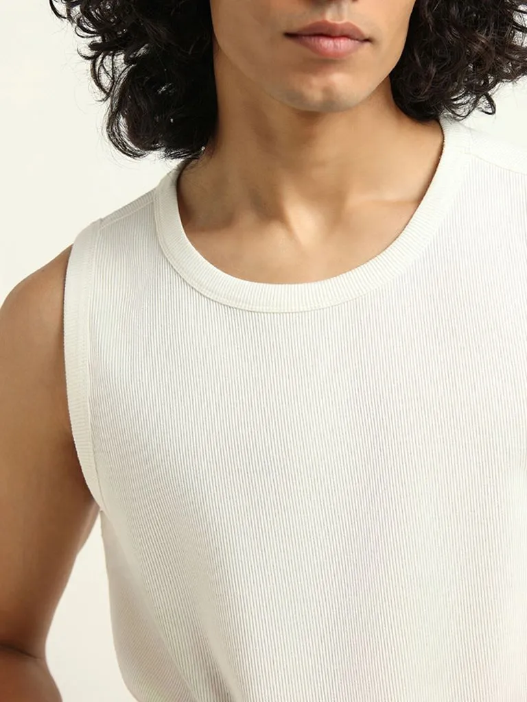 Nuon White Ribbed Slim Fit Cotton T-Shirt
