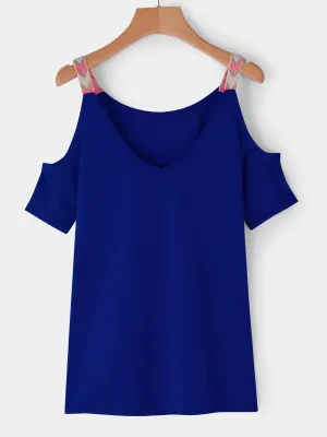 OEM ODM Cold Shoulder Deep V Neck Cut Out Short Sleeve Blue T-Shirts