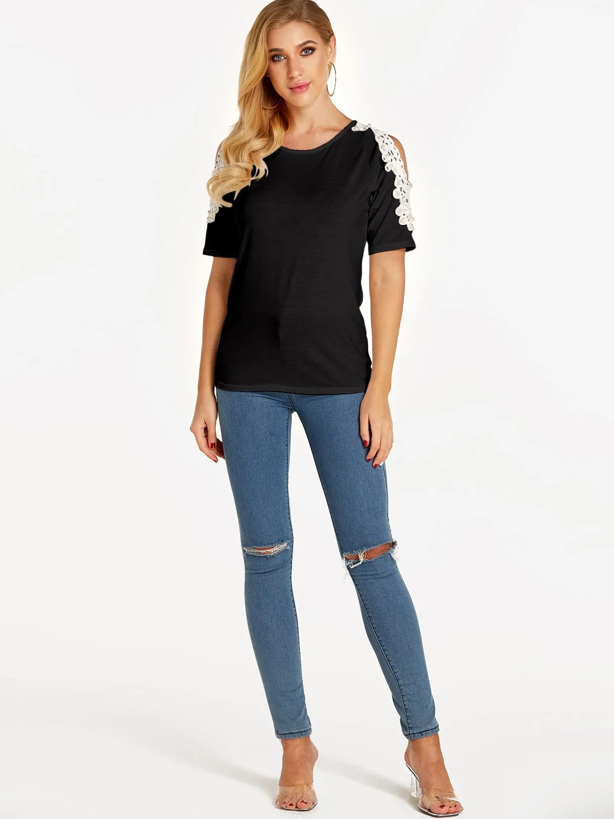 OEM ODM Cold Shoulder Plain Lace Short Sleeve Black T-Shirts