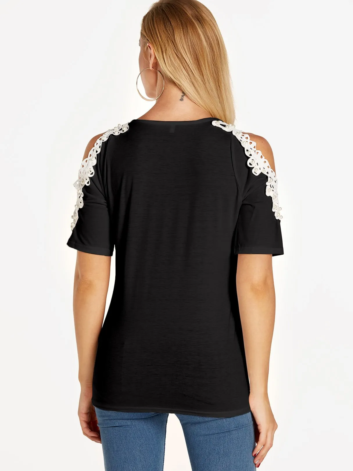 OEM ODM Cold Shoulder Plain Lace Short Sleeve Black T-Shirts