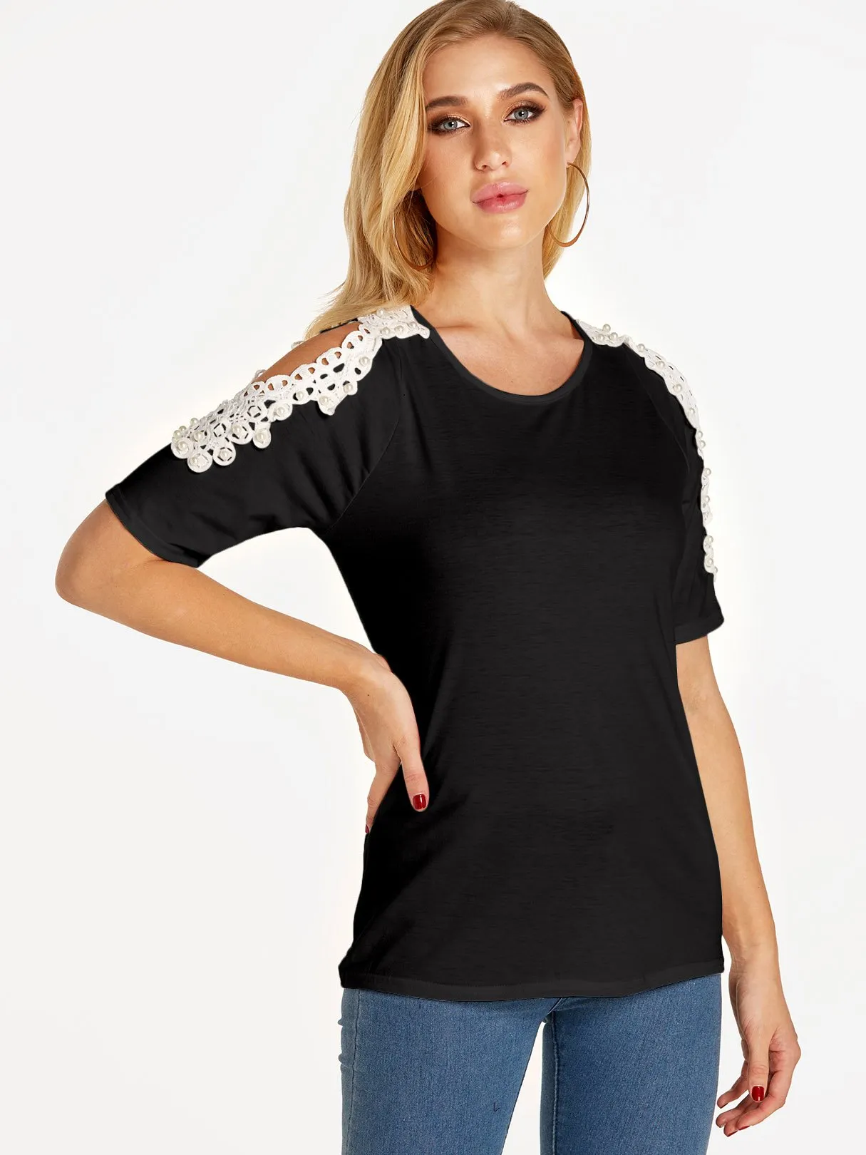 OEM ODM Cold Shoulder Plain Lace Short Sleeve Black T-Shirts