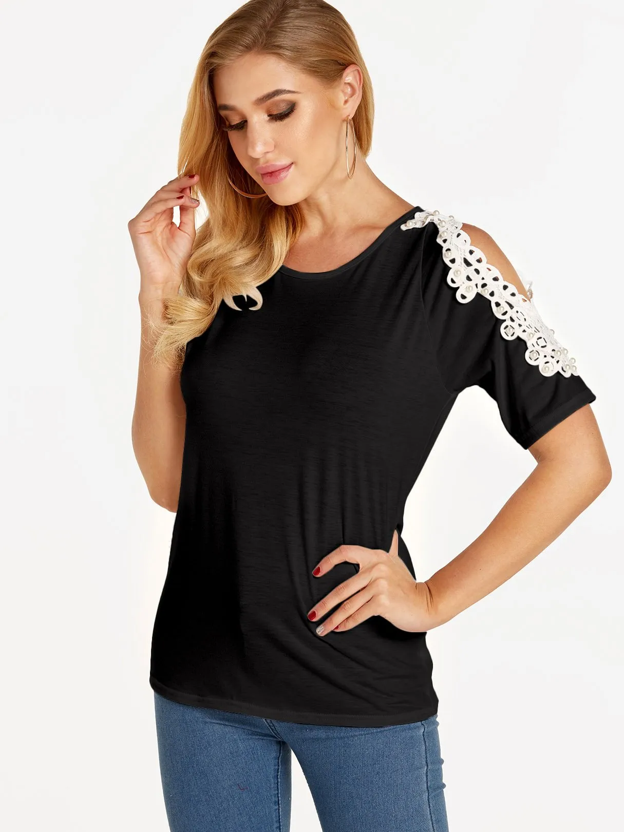 OEM ODM Cold Shoulder Plain Lace Short Sleeve Black T-Shirts
