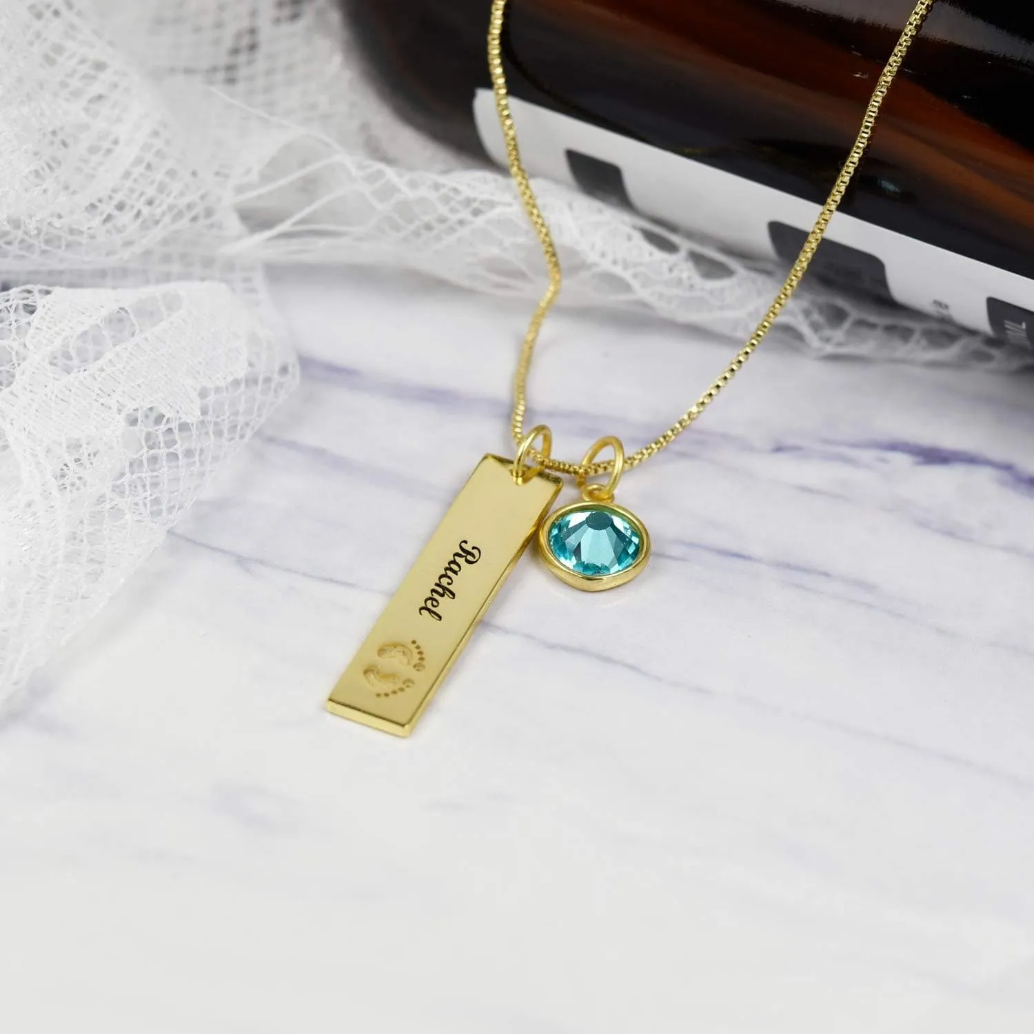 Personalized Name Rectangle Graphic Birthstone Necklace