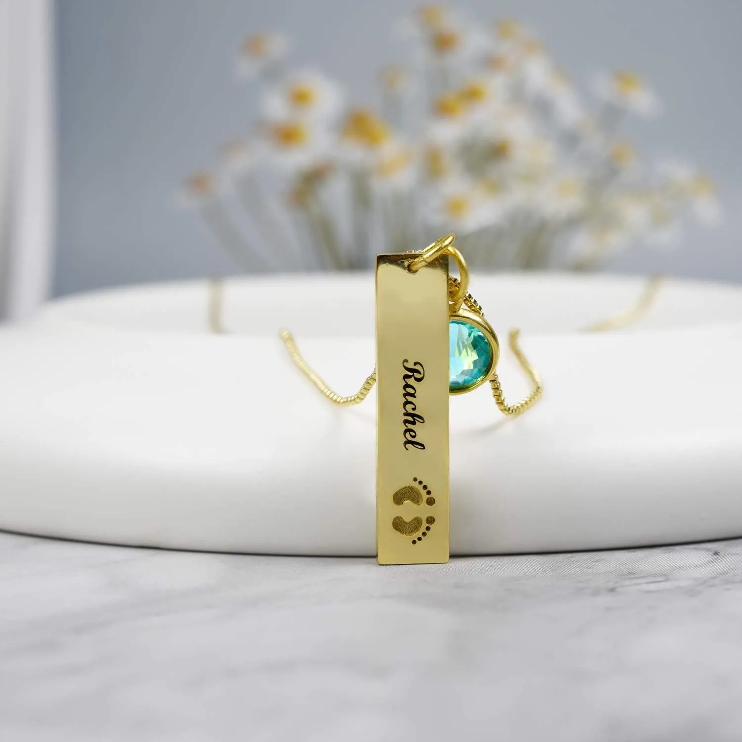 Personalized Name Rectangle Graphic Birthstone Necklace