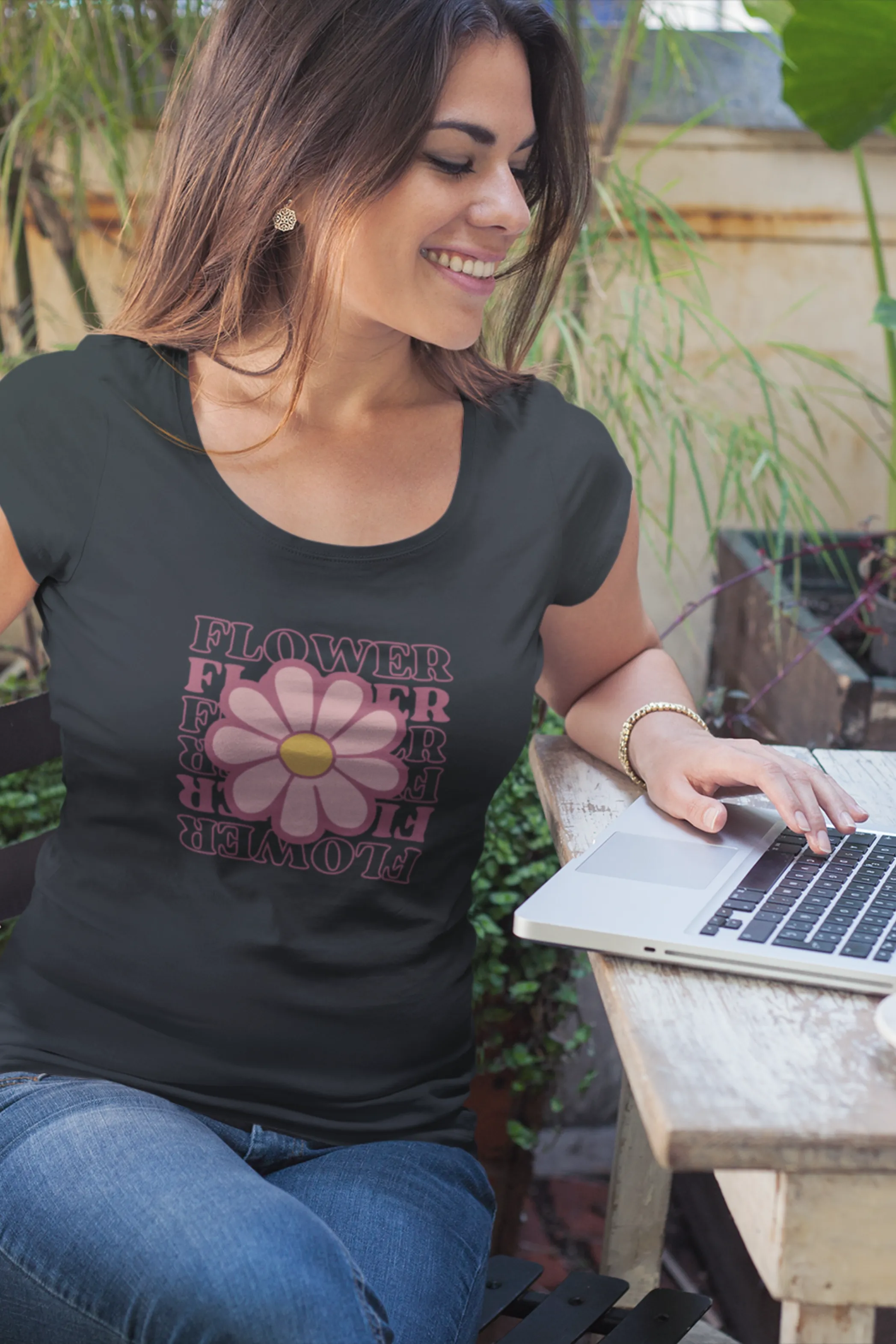 Pink Playful Flower Printed Scoop Neck T-shirt for women