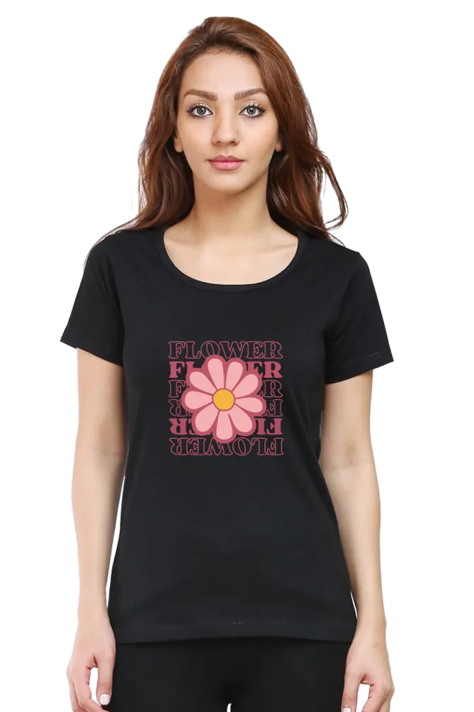 Pink Playful Flower Printed Scoop Neck T-shirt for women