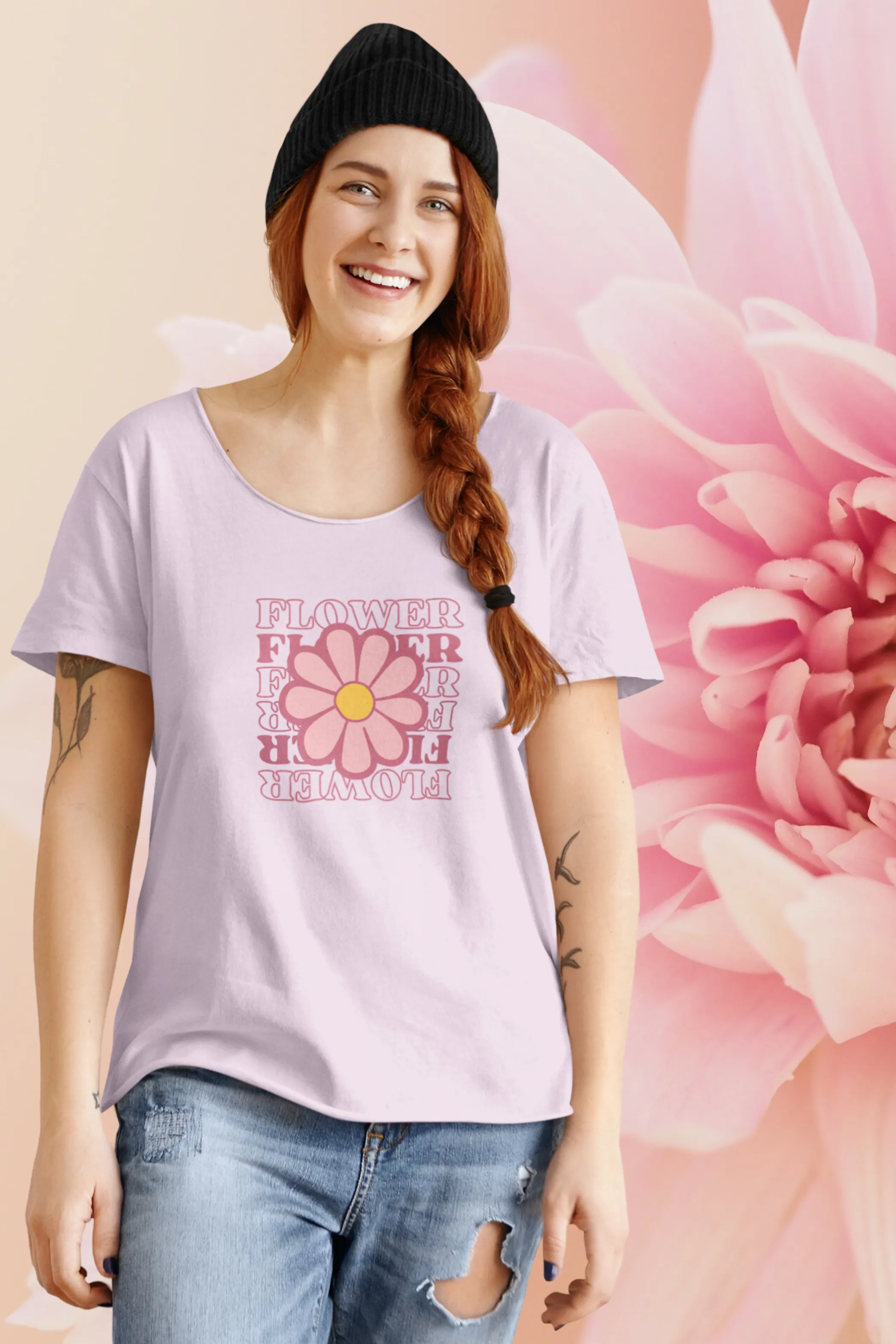 Pink Playful Flower Printed Scoop Neck T-shirt for women