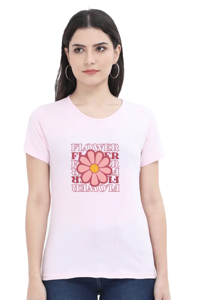 Pink Playful Flower Printed Scoop Neck T-shirt for women