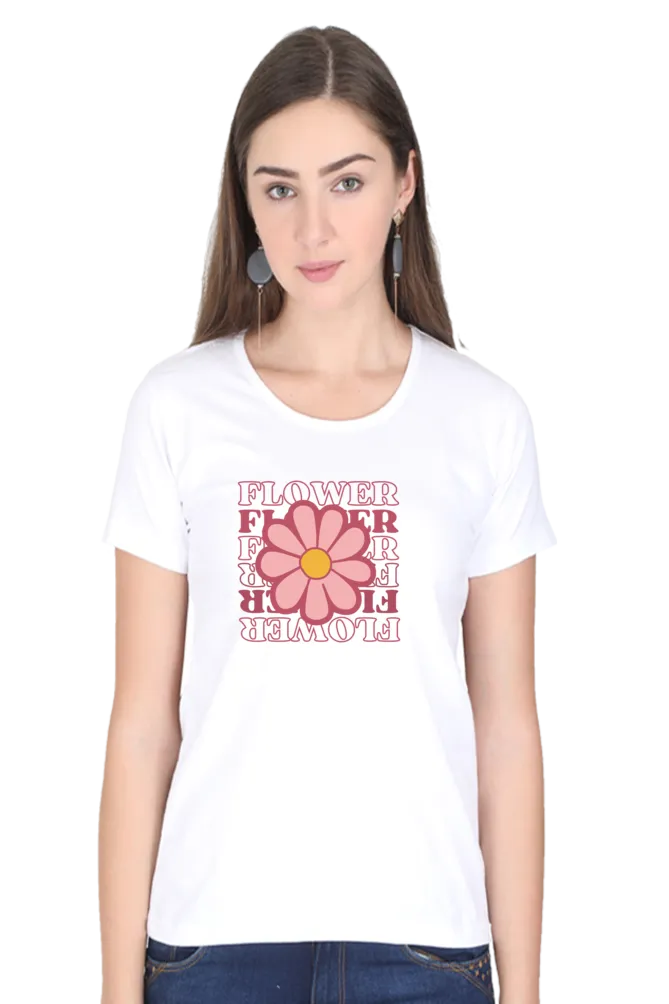 Pink Playful Flower Printed Scoop Neck T-shirt for women