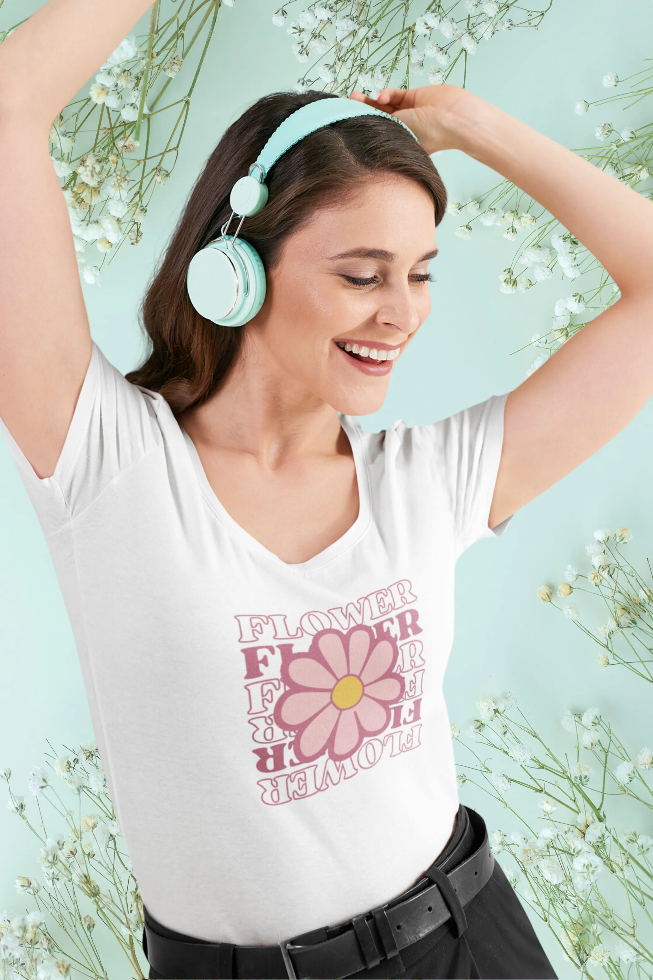 Pink Playful Flower Printed Scoop Neck T-shirt for women