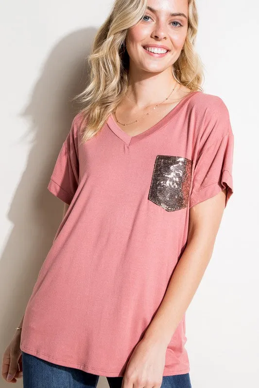 PLUS SOLID SEQUIN POCKET BOXY TOP