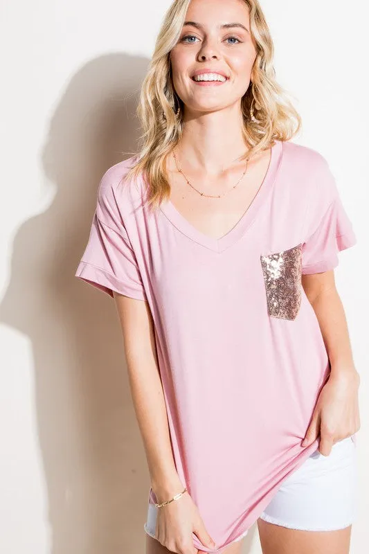 PLUS SOLID SEQUIN POCKET BOXY TOP