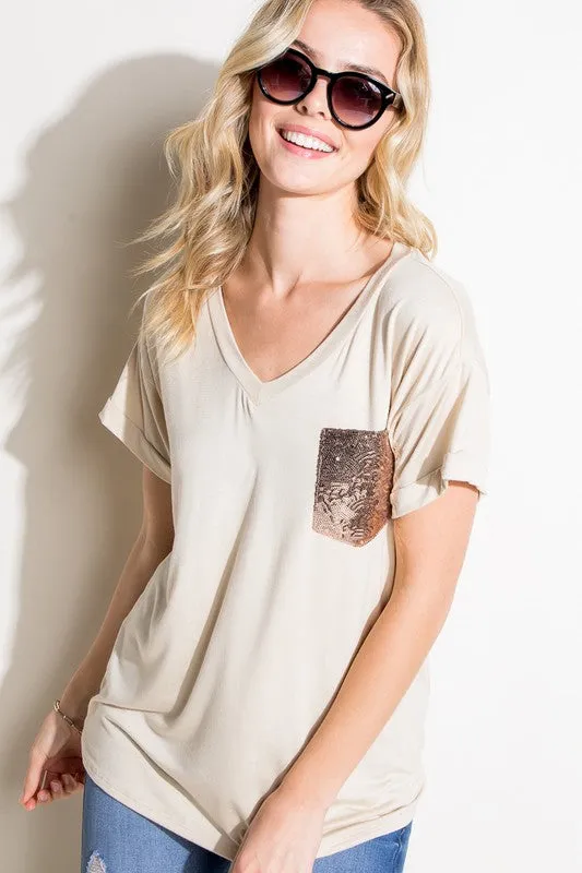 PLUS SOLID SEQUIN POCKET BOXY TOP
