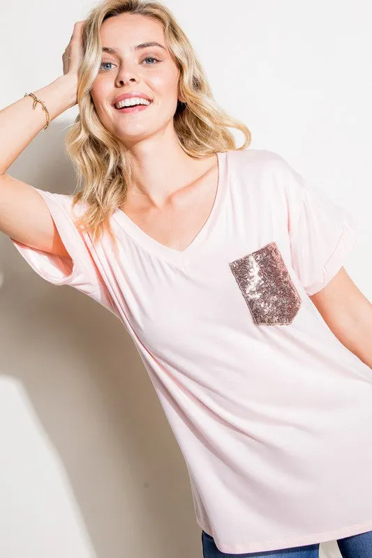 PLUS SOLID SEQUIN POCKET BOXY TOP