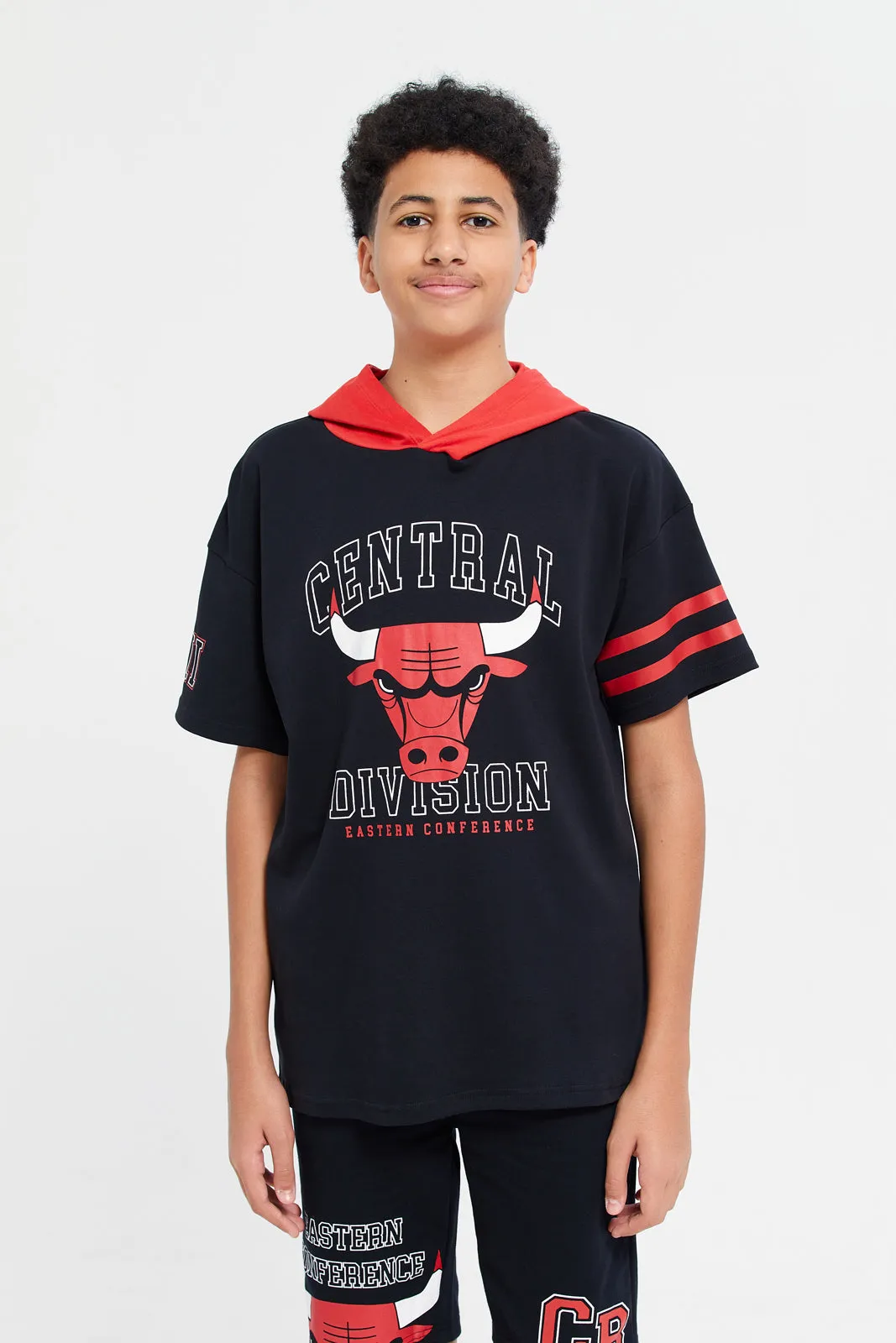 Senior Boys Black Chicago Bulls Cut And Sew Hoody T-Shirt