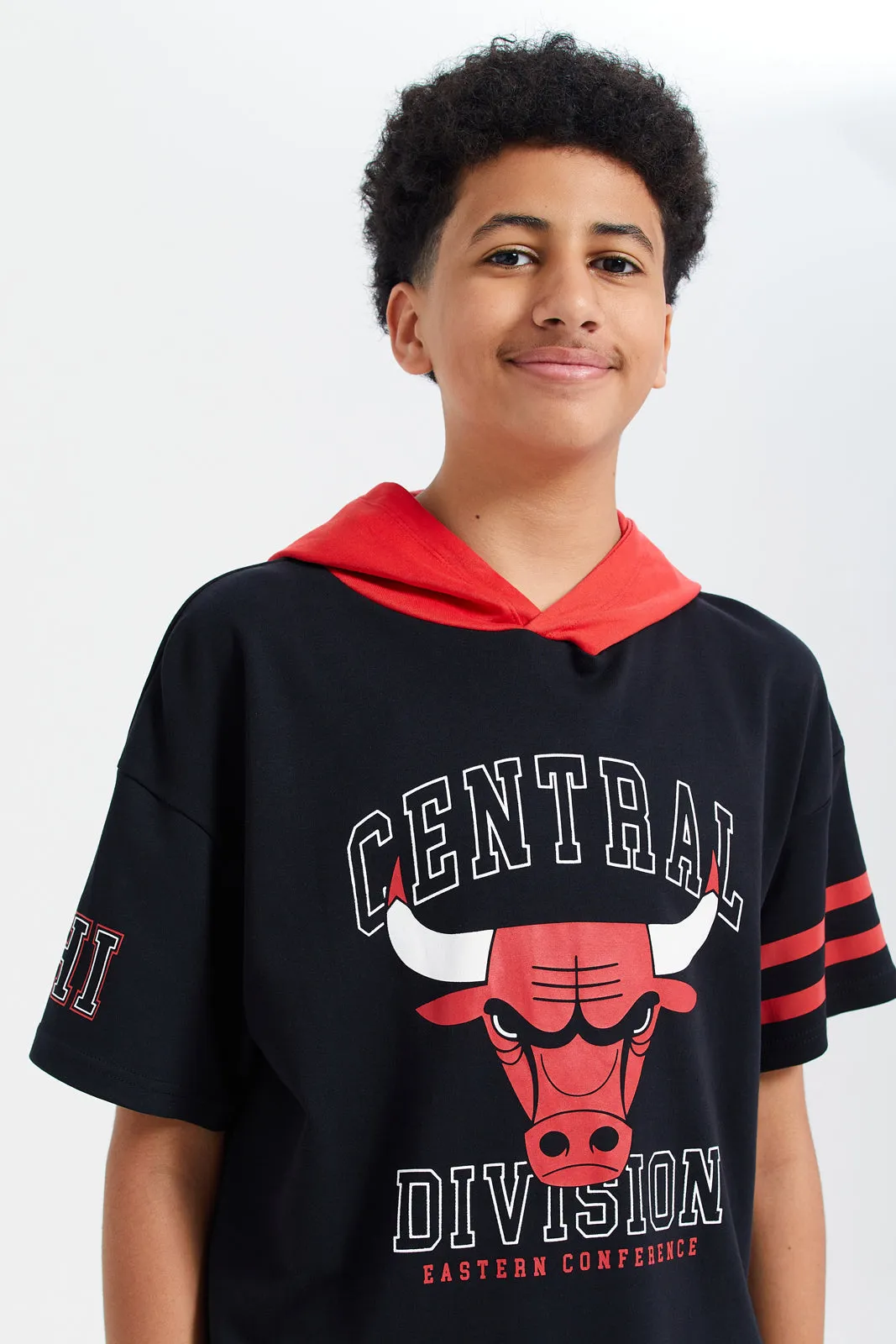 Senior Boys Black Chicago Bulls Cut And Sew Hoody T-Shirt