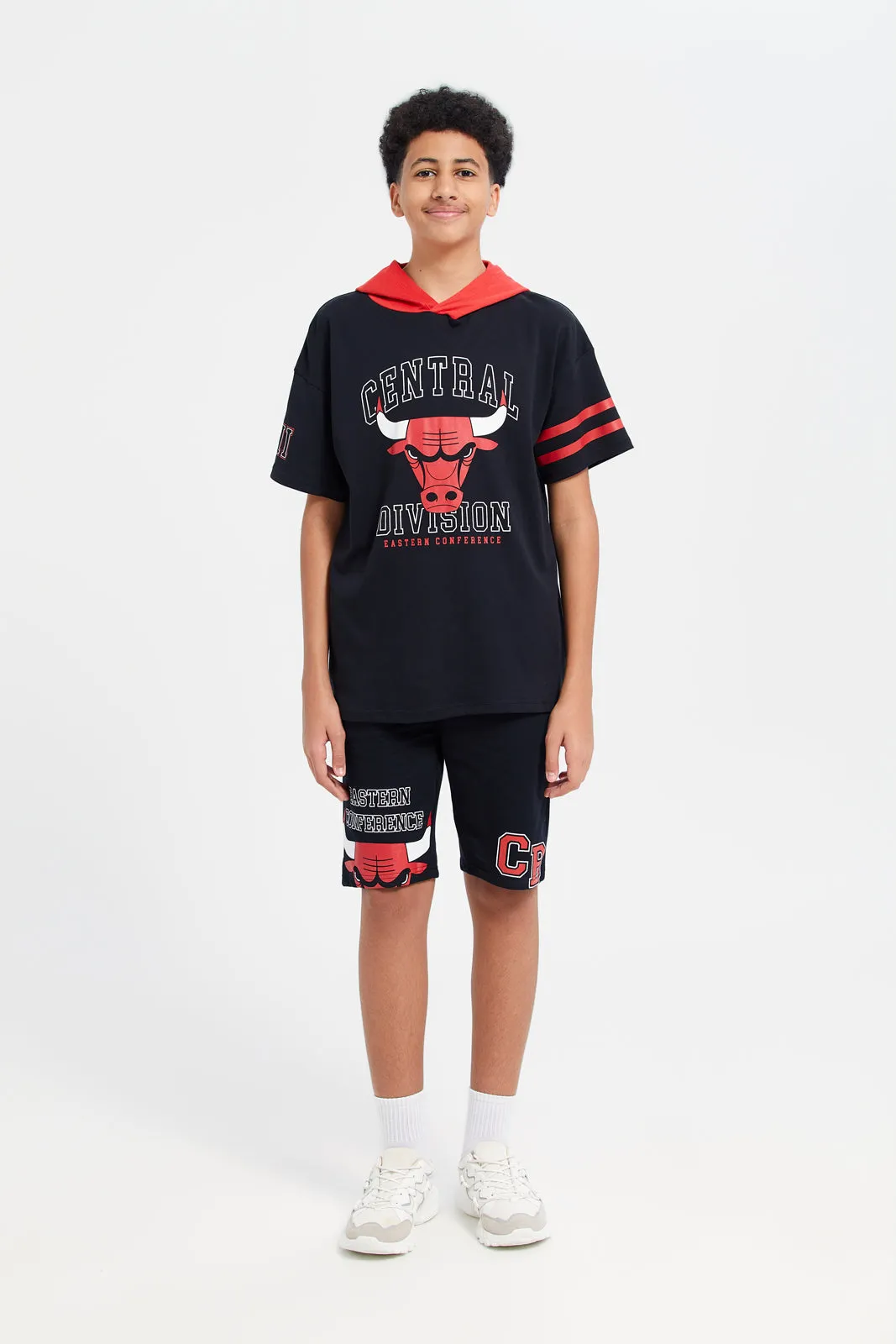 Senior Boys Black Chicago Bulls Cut And Sew Hoody T-Shirt