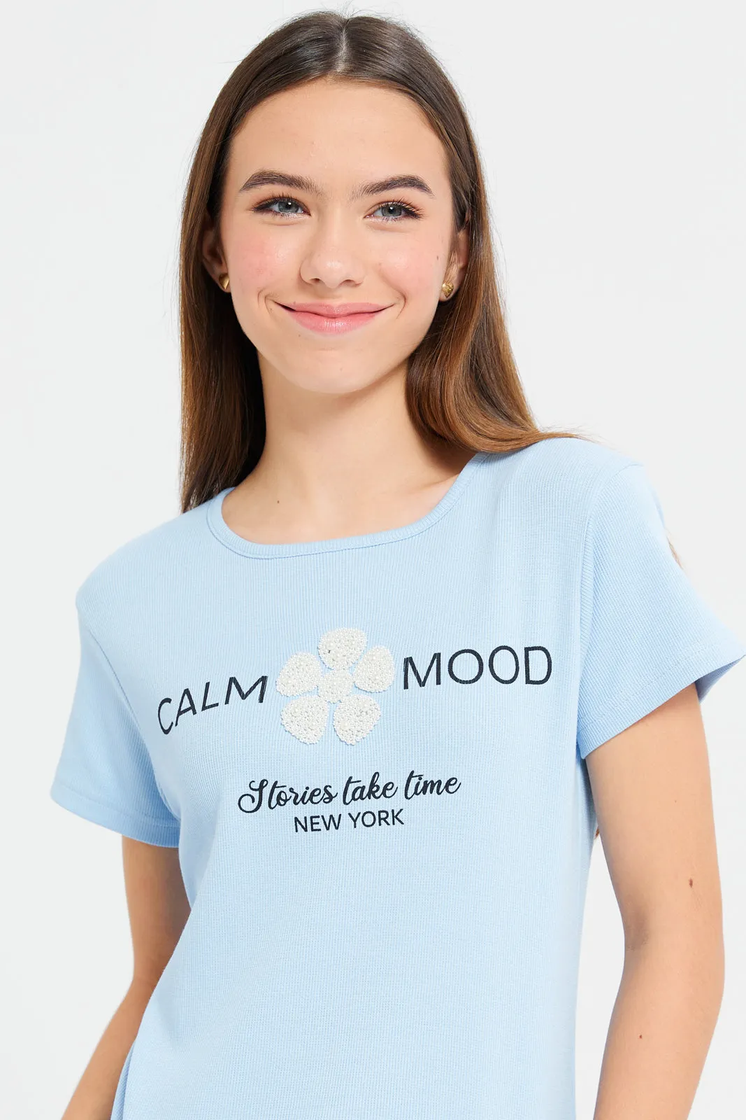 Senior Girls Blue Rib Top With Pearls