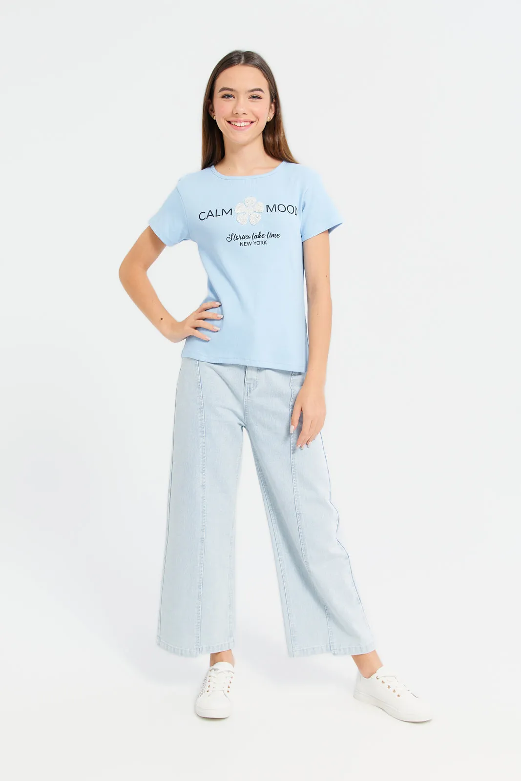 Senior Girls Blue Rib Top With Pearls