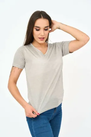 Short-Sleeved V Neck Women's T Shirt in Grey