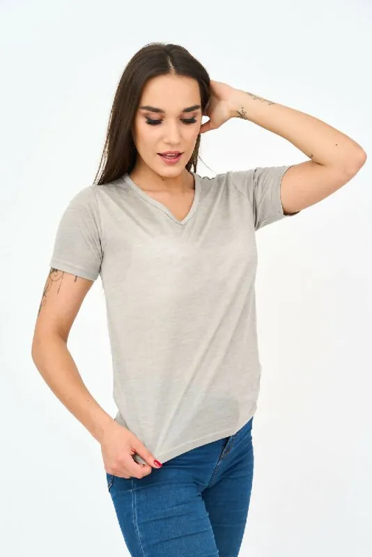 Short-Sleeved V Neck Women's T Shirt in Grey