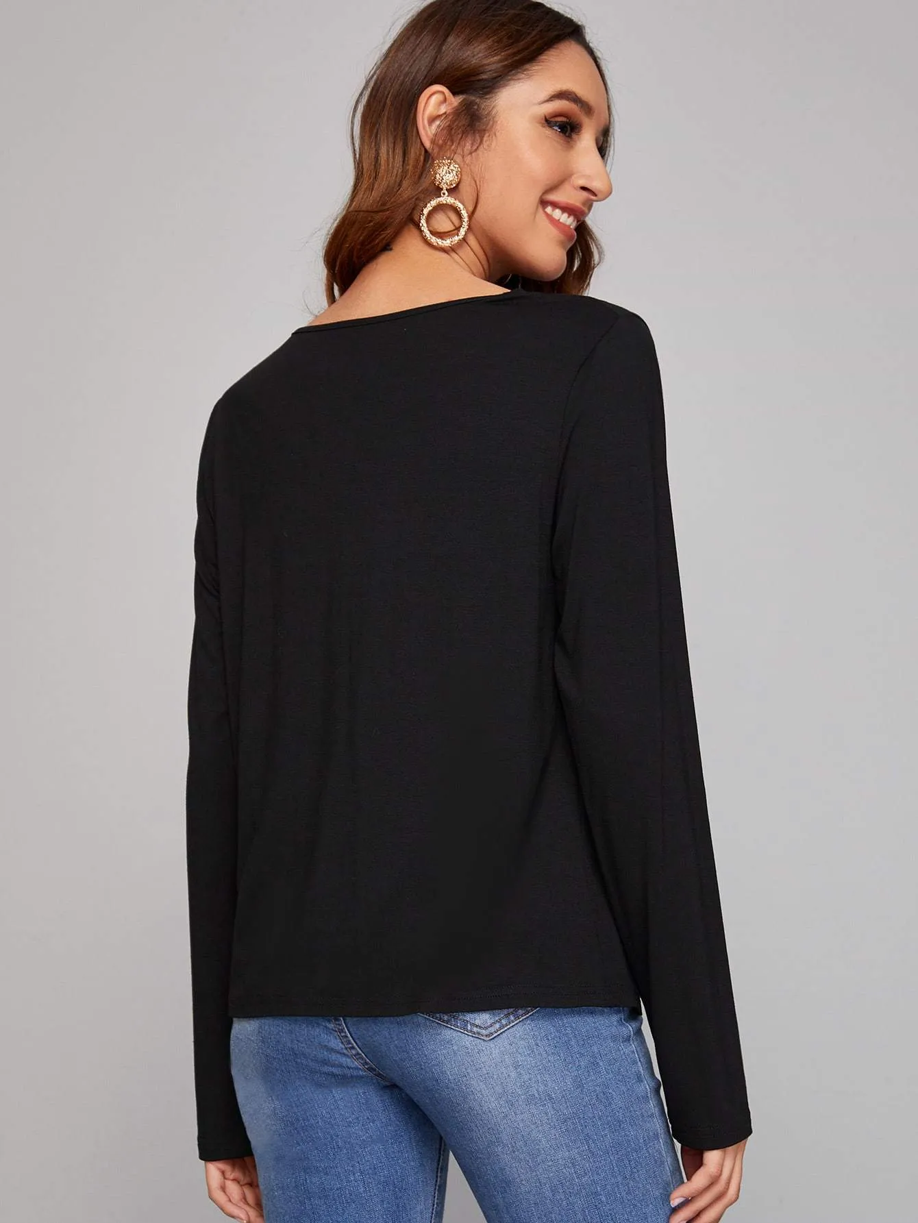 Solid Cowl Neck Button Detail Tee