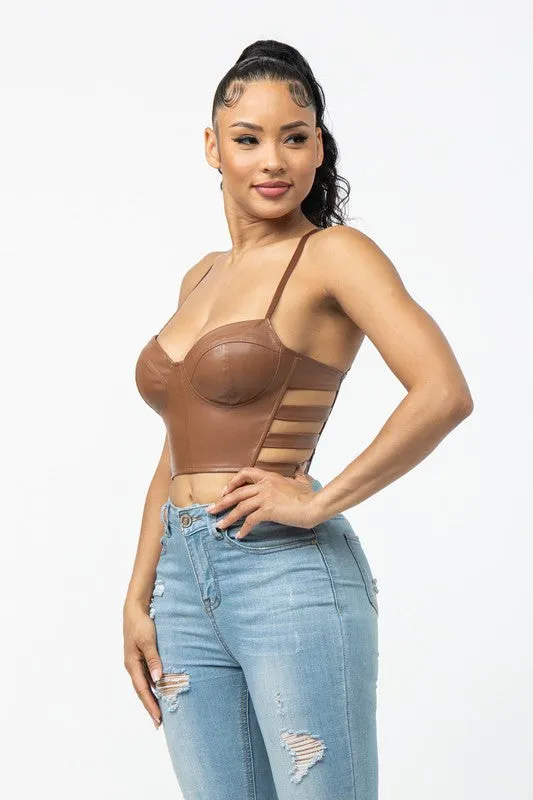 SOLID PU CROP TOP WITH SIDE CUT OUTS